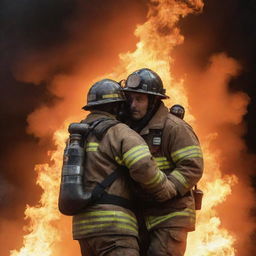 A heroic fireman in full firefighting gear, saving an unconscious person over his shoulder, amidst a backdrop of roaring flames.