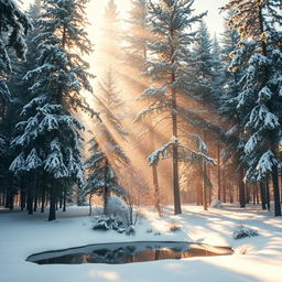 A serene winter landscape showcasing a tranquil snow-covered forest with tall pine trees