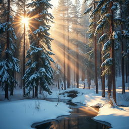 A serene winter landscape showcasing a tranquil snow-covered forest with tall pine trees