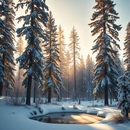 A serene winter landscape showcasing a tranquil snow-covered forest with tall pine trees