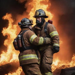 A heroic fireman in full firefighting gear, saving an unconscious person over his shoulder, amidst a backdrop of roaring flames.