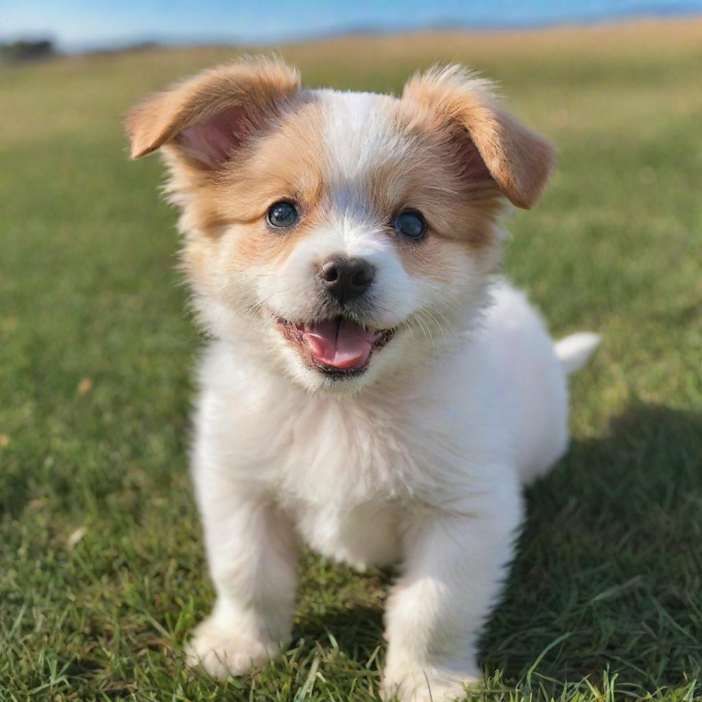 Adorable and fluffy puppy cheerfully playing on a grassy field with a blue sky backdrop. It has big sparkling eyes, and a playful, happy demeanor.