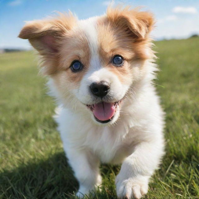 Adorable and fluffy puppy cheerfully playing on a grassy field with a blue sky backdrop. It has big sparkling eyes, and a playful, happy demeanor.