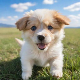 Adorable and fluffy puppy cheerfully playing on a grassy field with a blue sky backdrop. It has big sparkling eyes, and a playful, happy demeanor.