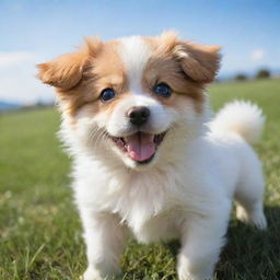 Adorable and fluffy puppy cheerfully playing on a grassy field with a blue sky backdrop. It has big sparkling eyes, and a playful, happy demeanor.