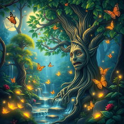 A vibrant and engaging thumbnail showcasing a mystical forest landscape with glowing plants and gentle waterfalls, featuring a wise old tree with a face and colorful butterflies fluttering around