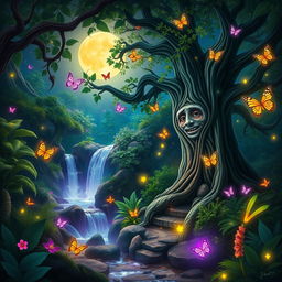 A vibrant and engaging thumbnail showcasing a mystical forest landscape with glowing plants and gentle waterfalls, featuring a wise old tree with a face and colorful butterflies fluttering around