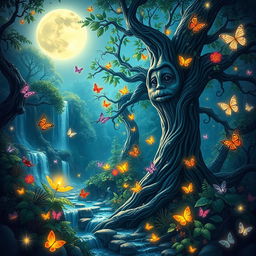 A vibrant and engaging thumbnail showcasing a mystical forest landscape with glowing plants and gentle waterfalls, featuring a wise old tree with a face and colorful butterflies fluttering around