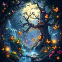 A vibrant and engaging thumbnail showcasing a mystical forest landscape with glowing plants and gentle waterfalls, featuring a wise old tree with a face and colorful butterflies fluttering around