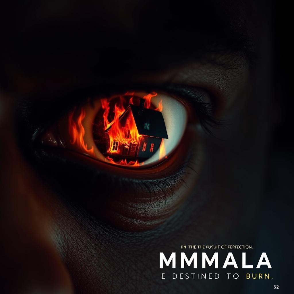 A dramatic scene featuring an eye of a 52-year-old black man, deep and intense, reflecting a burning house in flames