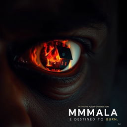 A dramatic scene featuring an eye of a 52-year-old black man, deep and intense, reflecting a burning house in flames