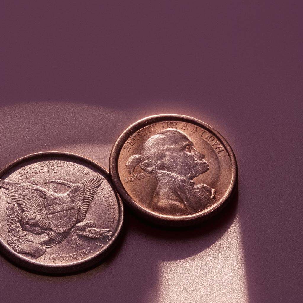 A close-up image of two pennies and a quarter resting on a surface, shimmering under soft light.