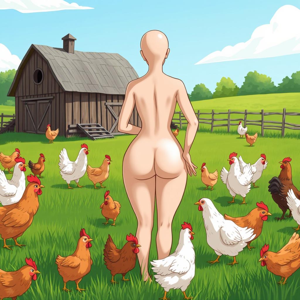 A humorous and playful illustration of a smooth and bald female figure from waist down, standing in a lively farmyard surrounded by various chickens