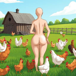 A humorous and playful illustration of a smooth and bald female figure from waist down, standing in a lively farmyard surrounded by various chickens