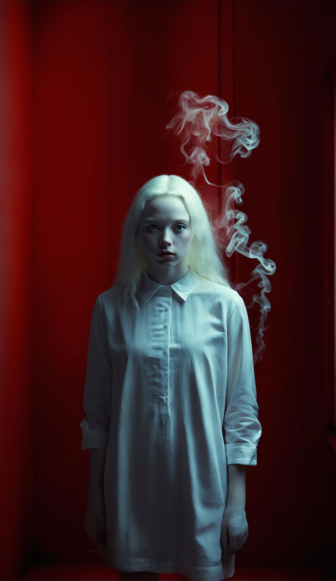 Albino teenage girl in white shift dress in a windowless minimalist red room with swirling smoke. Raw, unedited 16k photograph capturing side view of symmetrical facial features under low light.