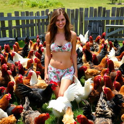 A woman with a shaved bikini area surrounded by many chickens in a sunny farmyard setting