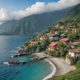 A beautiful landscape featuring towering mountains with quaint houses nestled among lush greenery, and a serene sea in the foreground.