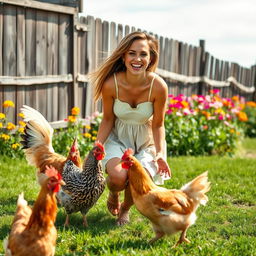 A playful scene depicting a woman joyfully interacting with chickens in a sunny farmyard setting