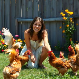 A playful scene depicting a woman joyfully interacting with chickens in a sunny farmyard setting