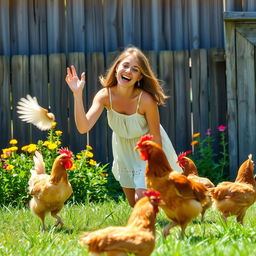 A playful scene depicting a woman joyfully interacting with chickens in a sunny farmyard setting