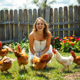 A playful scene depicting a woman joyfully interacting with chickens in a sunny farmyard setting