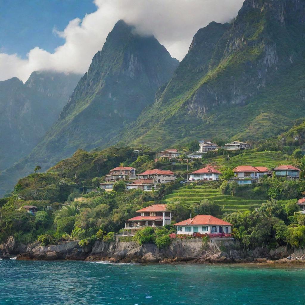 A beautiful landscape featuring towering mountains with quaint houses nestled among lush greenery, and a serene sea in the foreground.