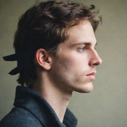 Profile of a young man with his eyes covered for a novel cover