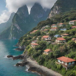 A beautiful landscape featuring towering mountains with quaint houses nestled among lush greenery, and a serene sea in the foreground.