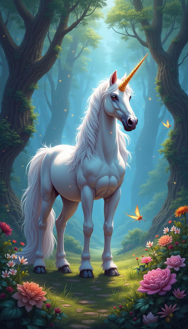 A majestic mystical unicorn standing elegantly in a vibrant and enchanted fantasy forest, bathed in soft, ethereal light