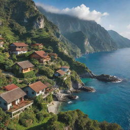 A beautiful landscape featuring towering mountains with quaint houses nestled among lush greenery, and a serene sea in the foreground.