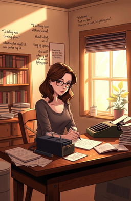 A cozy scene depicting a female character, Margaux, engrossed in writing her novel "Someone Who Believes in You"