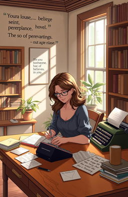 A cozy scene depicting a female character, Margaux, engrossed in writing her novel "Someone Who Believes in You"