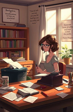 A cozy scene depicting a female character, Margaux, engrossed in writing her novel "Someone Who Believes in You"