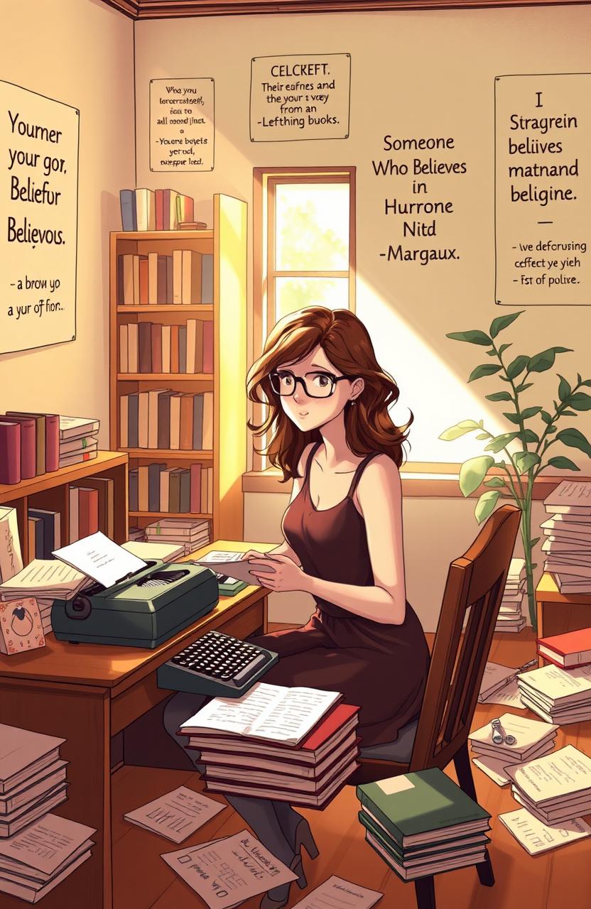 A cozy scene depicting a female character, Margaux, engrossed in writing her novel "Someone Who Believes in You"