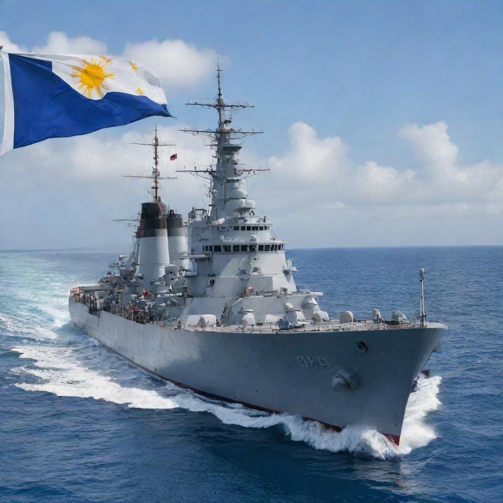 A detailed, realistic image of the Philippine battleship 'Davao Del Sur', set against an ocean backdrop with Philippines flag waving proudly on the stern.