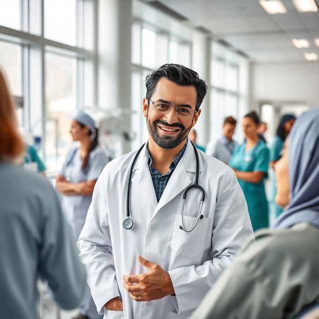 A professional immigrant doctor working in a modern hospital in Germany, dressed in a white lab coat, stethoscope around neck, examining a patient with a compassionate expression