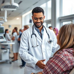 A professional immigrant doctor working in a modern hospital in Germany, dressed in a white lab coat, stethoscope around neck, examining a patient with a compassionate expression