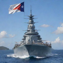 A detailed, realistic image of the Philippine battleship 'Davao Del Sur', set against an ocean backdrop with Philippines flag waving proudly on the stern.