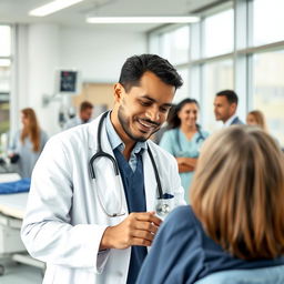 A professional immigrant doctor working in a modern hospital in Germany, dressed in a white lab coat, stethoscope around neck, examining a patient with a compassionate expression