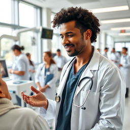 A professional immigrant doctor working in a modern hospital in Germany, dressed in a white lab coat, stethoscope around neck, examining a patient with a compassionate expression