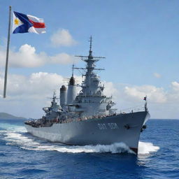 A detailed, realistic image of the Philippine battleship 'Davao Del Sur', set against an ocean backdrop with Philippines flag waving proudly on the stern.