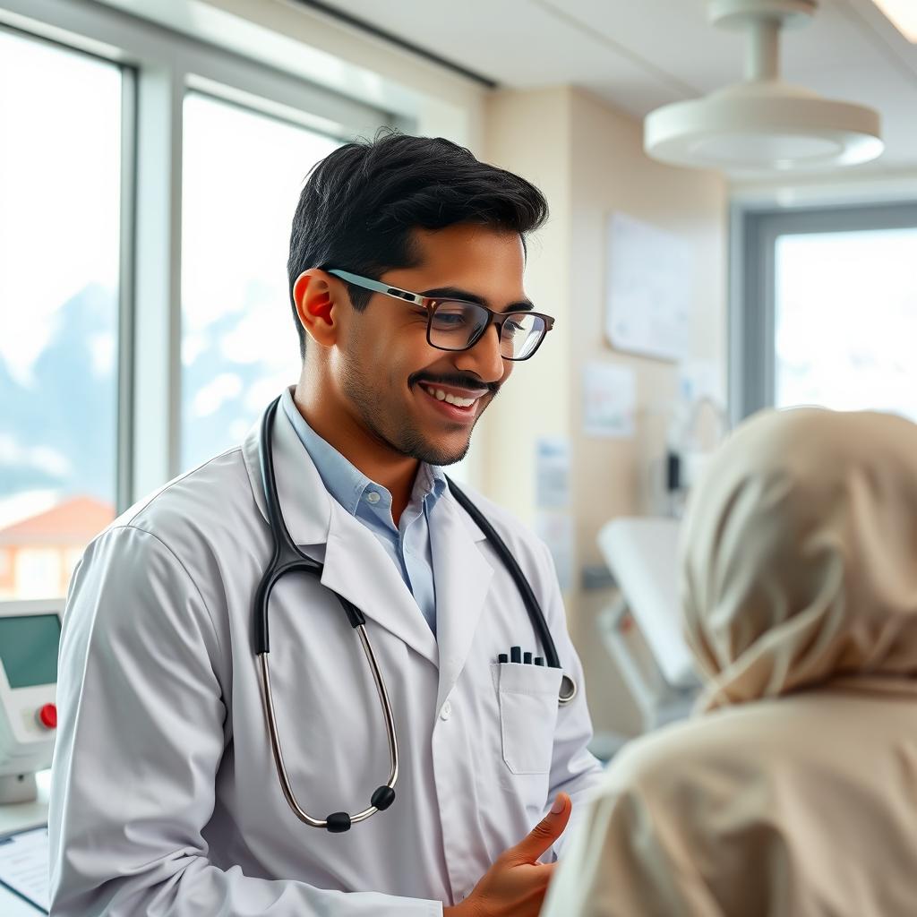 A professional immigrant doctor in Switzerland, wearing a white coat and stethoscope, confidently examining a patient in a modern hospital