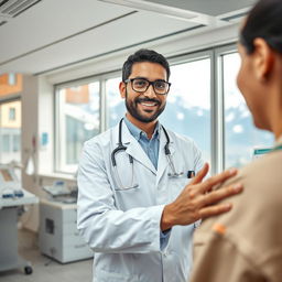 A professional immigrant doctor in Switzerland, wearing a white coat and stethoscope, confidently examining a patient in a modern hospital