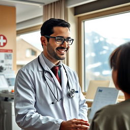 A professional immigrant doctor in Switzerland, wearing a white coat and stethoscope, confidently examining a patient in a modern hospital