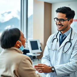 A professional immigrant doctor in Switzerland, wearing a white coat and stethoscope, confidently examining a patient in a modern hospital