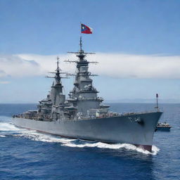 A detailed, realistic image of the Philippine battleship 'Davao Del Sur', set against an ocean backdrop with Philippines flag waving proudly on the stern.