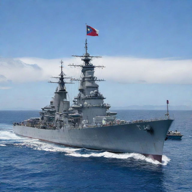 A detailed, realistic image of the Philippine battleship 'Davao Del Sur', set against an ocean backdrop with Philippines flag waving proudly on the stern.