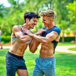 Two athletic boys with well-defined abs playfully tickling each other in a bright, cheerful environment