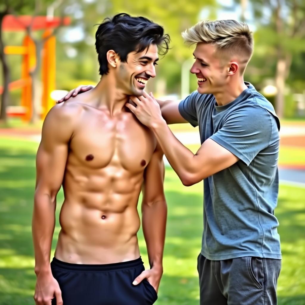 Two athletic boys with well-defined abs playfully tickling each other in a bright, cheerful environment