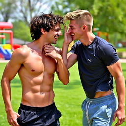 Two athletic boys with well-defined abs playfully tickling each other in a bright, cheerful environment